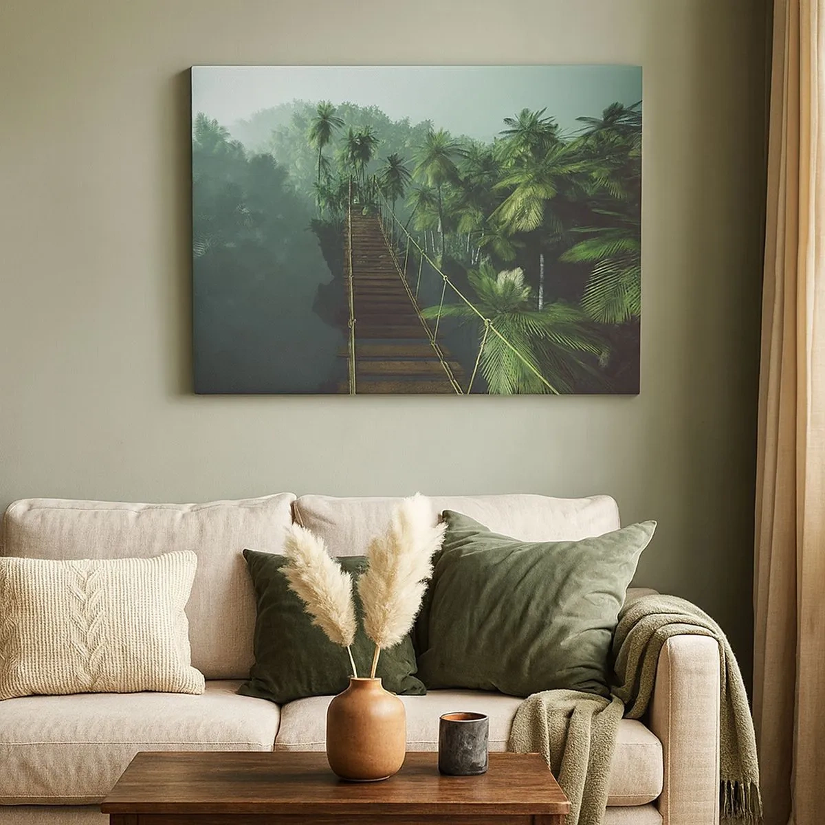 Cuadro sobre lienzo - Impresión de Imagen - Un puente colgante en un bosque tropical rodeado de niebla. - 70x50cm - Sobre un mar de verde - Decoración de pared moderna para salón y dormitorio ARTTOR