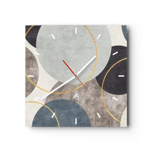 Reloj de pared - Reloj de vidrio - Círculos geométricos en tonos grises, azules y dorados. - 30x30cm - Círculo tras círculo - Decoración de pared moderna para salón y dormitorio ARTTOR