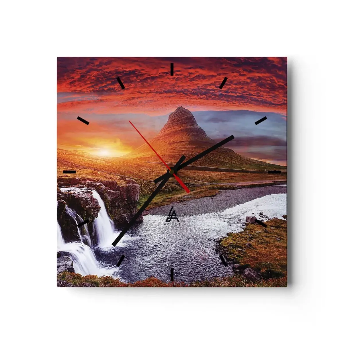 Reloj de pared - Reloj de vidrio - Paisaje de montaña con cascada al atardecer. - 30x30cm - Una vista de la Tierra Media - Decoración de pared moderna para salón y dormitorio ARTTOR