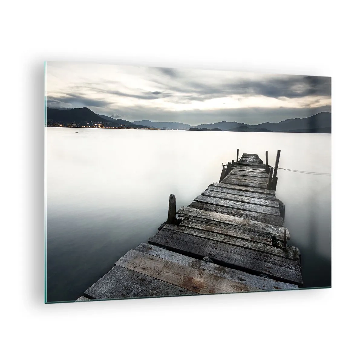 Cuadro sobre vidrio - Impresiones sobre Vidrio - Un embarcadero de madera con el telón de fondo de un lago tranquilo al atardecer. - 70x50cm - Sumérjase en la paz - Decoración de pared moderna para salón y dormitorio ARTTOR