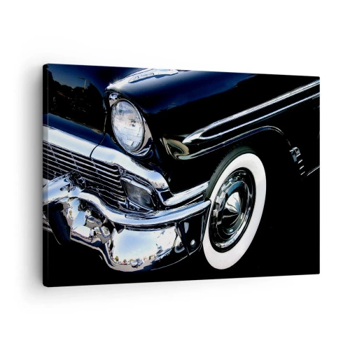 Cuadro sobre lienzo - Impresión de Imagen - Primer plano del faro y el guardabarros de un coche clásico negro - 70x50cm - Clásicos en plata, negro y blanco - Decoración de pared moderna para salón y dormitorio ARTTOR