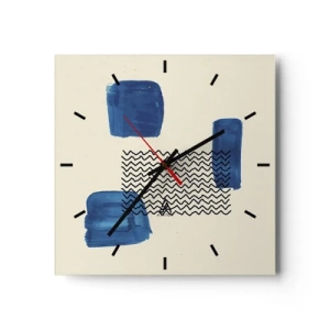 Reloj de pared - Reloj de vidrio - Composición abstracta con manchas azules y líneas onduladas. - 30x30cm - Un cuarteto abstracto - Decoración de pared moderna para salón y dormitorio ARTTOR