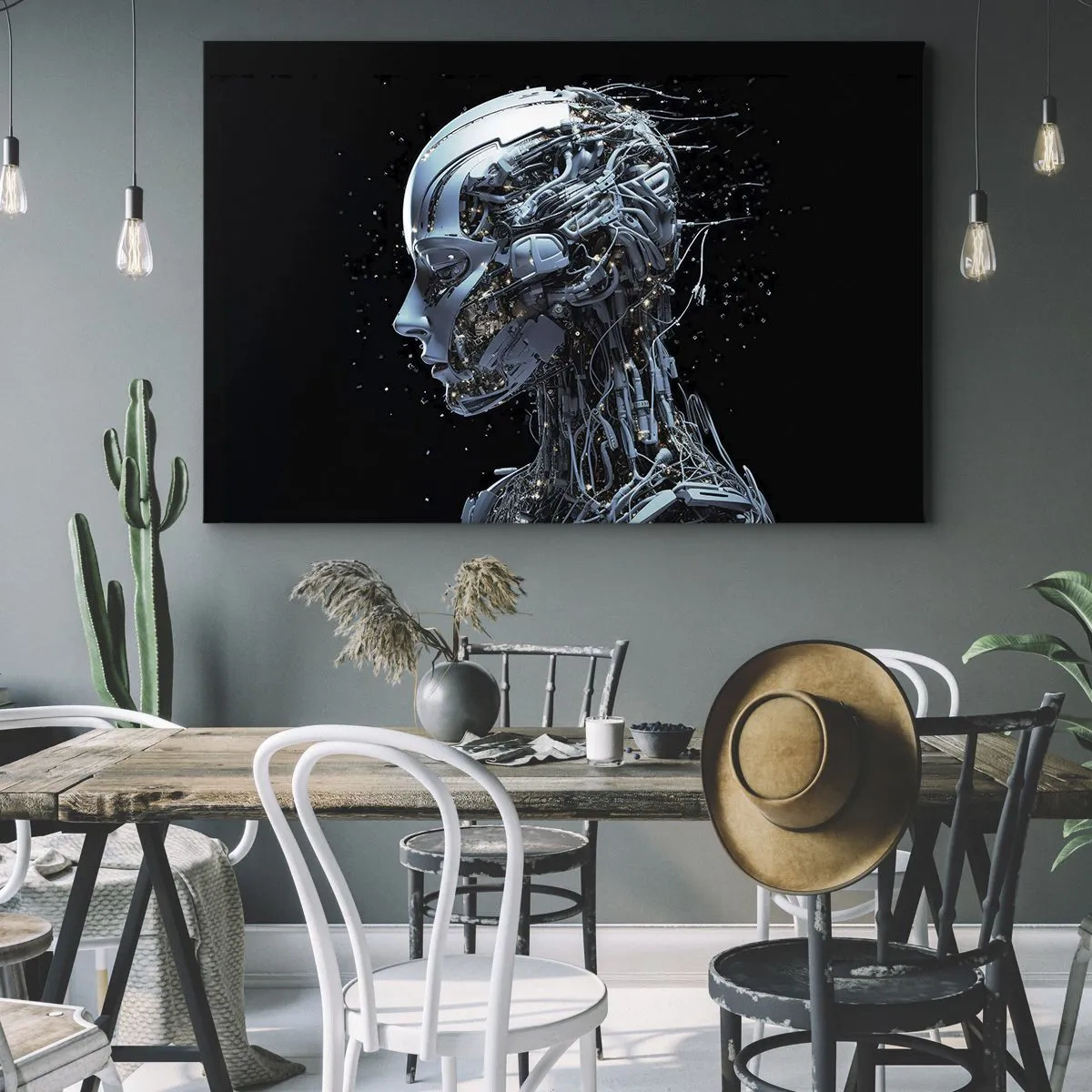 Cuadro sobre lienzo - Impresión de Imagen - Retrato futurista de un cyborg en estilo industrial sobre fondo negro. - 120x80cm - La tecnología es una mujer - Decoración de pared moderna para salón y dormitorio ARTTOR