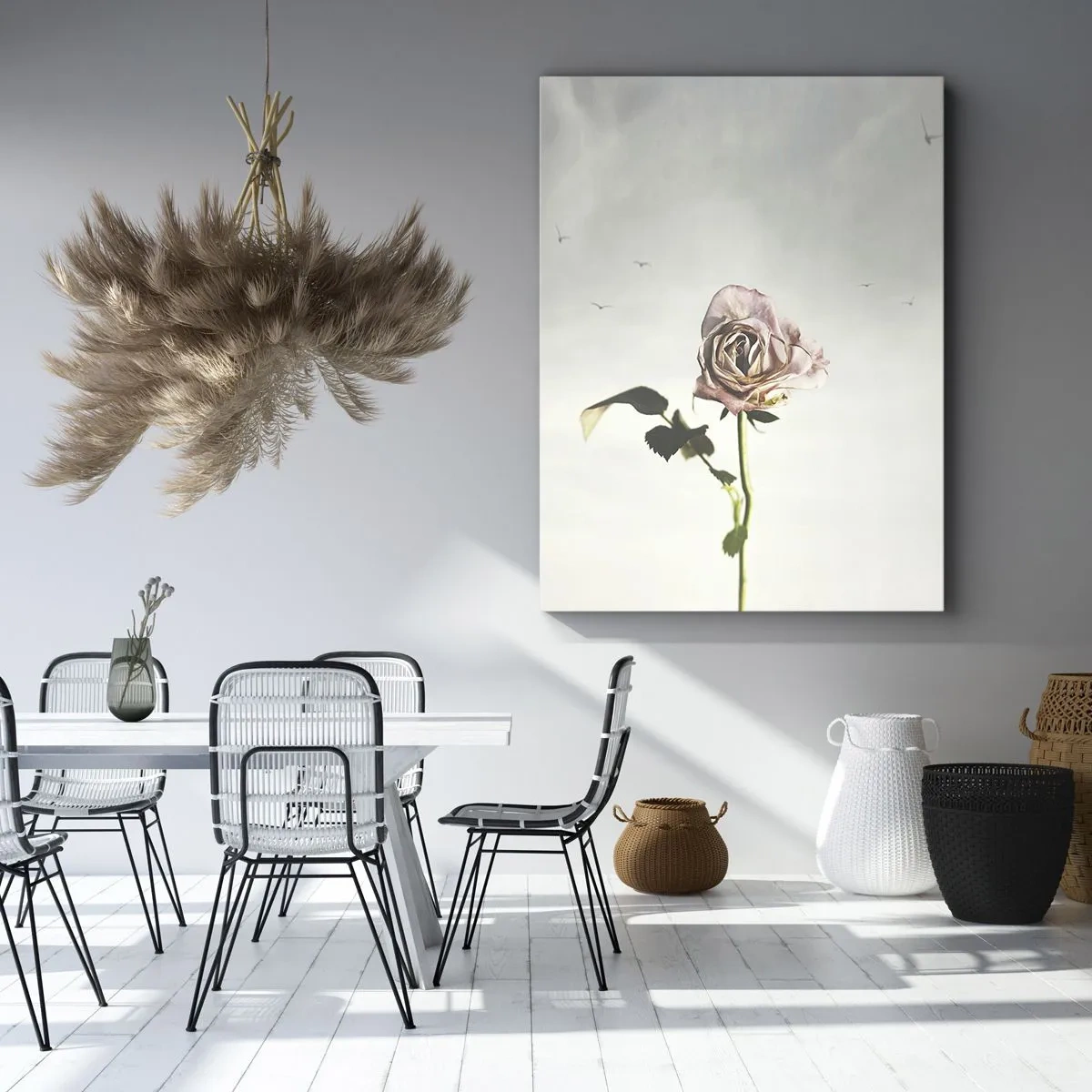 Cuadro sobre lienzo - Impresión de Imagen - Una delicada rosa contra un cielo brillante con pájaros volando. - 50x70cm - Bienvenida a la primavera - Decoración de pared moderna para salón y dormitorio ARTTOR