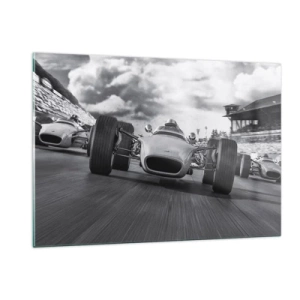 Cuadro sobre vidrio - Impresiones sobre Vidrio - Carrera de coches clásicos en una pista en blanco y negro - 120x80cm - ¡Hay poder! - Decoración de pared moderna para salón y dormitorio ARTTOR