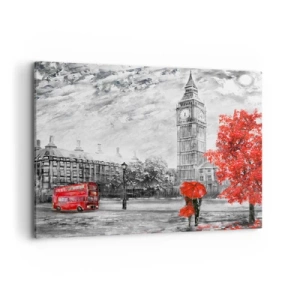 Cuadro sobre lienzo - Impresión de Imagen - Vista icónica de Londres con el Big Ben, un autobús rojo y un paraguas. - 100x70cm - Un día emocionante - Decoración de pared moderna para salón y dormitorio ARTTOR