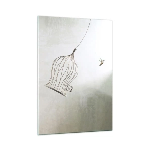 Cuadro sobre vidrio - Impresiones sobre Vidrio - Una jaula abierta y un colibrí volando a la luz del día. - 50x70cm - Aquí debo estar - Decoración de pared moderna para salón y dormitorio ARTTOR