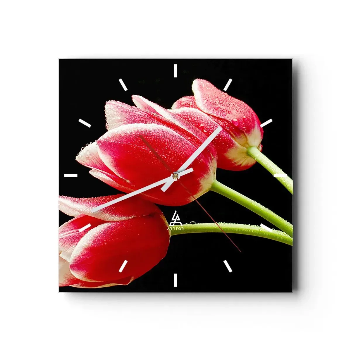 Reloj de pared - Reloj de vidrio - Tulipanes rojos con gotas de rocío sobre un fondo negro - 30x30cm - Promesa de amor puro - Decoración de pared moderna para salón y dormitorio ARTTOR