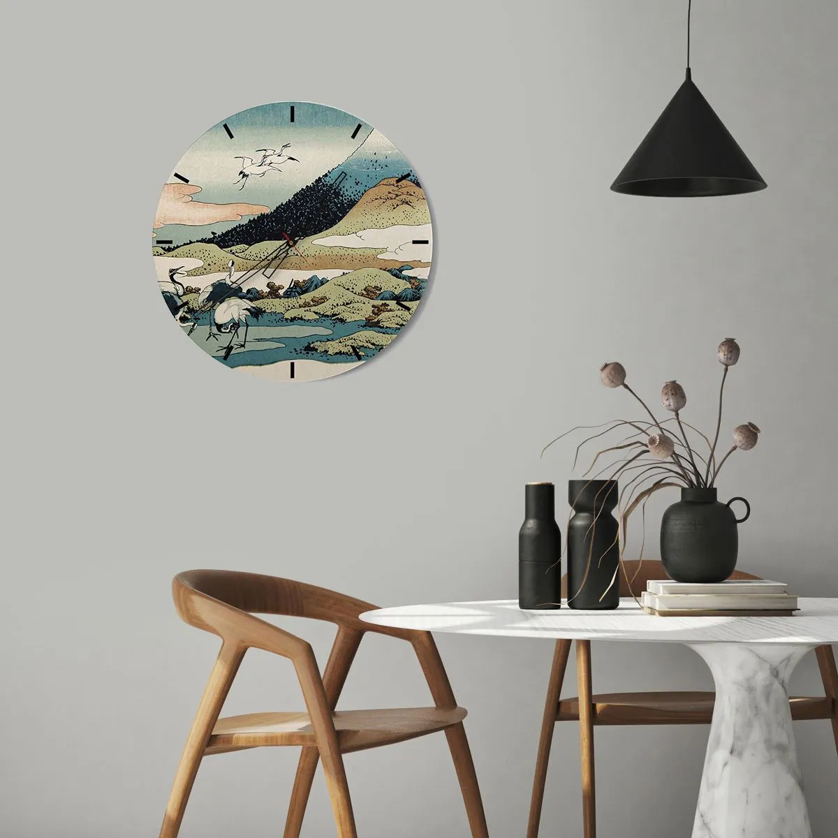 Reloj de pared - Reloj de vidrio - Escena japonesa con pájaros frente a un paisaje montañoso. - 30x30cm - Alma japonesa - Decoración de pared moderna para salón, cocina y dormitorio ARTTOR