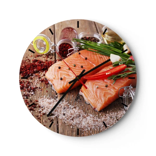 Reloj de pared - Reloj de vidrio - Filete de salmón con especias - 30x30cm - Una aventura noruega en la cocina - Decoración de pared moderna para salón, cocina y dormitorio ARTTOR