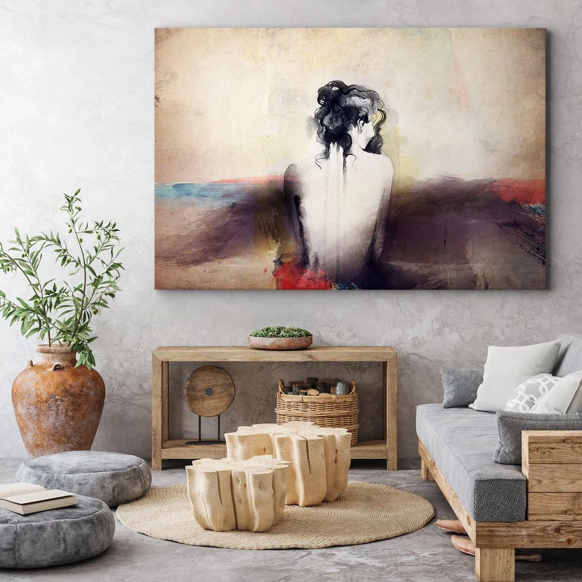 Cuadro sobre lienzo - Impresión de Imagen - Un retrato sutil de una mujer en estilo artístico. - 70x50cm - Líneas suaves, formas ovaladas - Decoración de pared moderna para salón y dormitorio ARTTOR