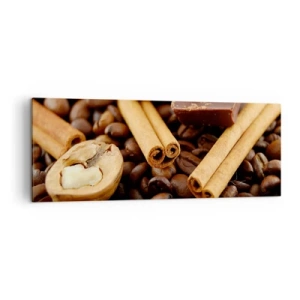 Cuadro sobre lienzo - Impresión de Imagen - Granos de café con ramas de canela, chocolate y nueces. - 140x50cm - Concierto de aromas - Decoración de pared moderna para salón y dormitorio ARTTOR