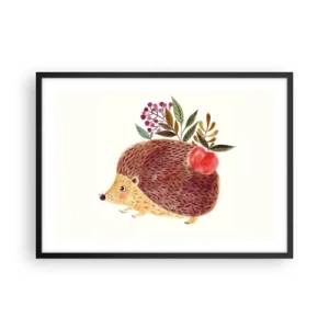 Póster en marco negro - Un lindo erizo con una manzana y plantas en un estilo ilustrativo. - 70x50cm - Y ya te gusto - Decoración de pared moderna para salón y dormitorio ARTTOR