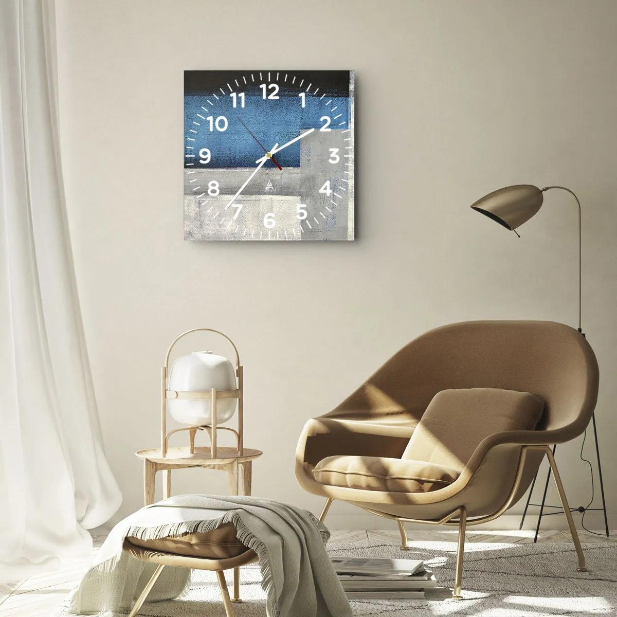 Reloj de pared - Reloj de vidrio - Composición poética de gris y azul - 40x40 cm