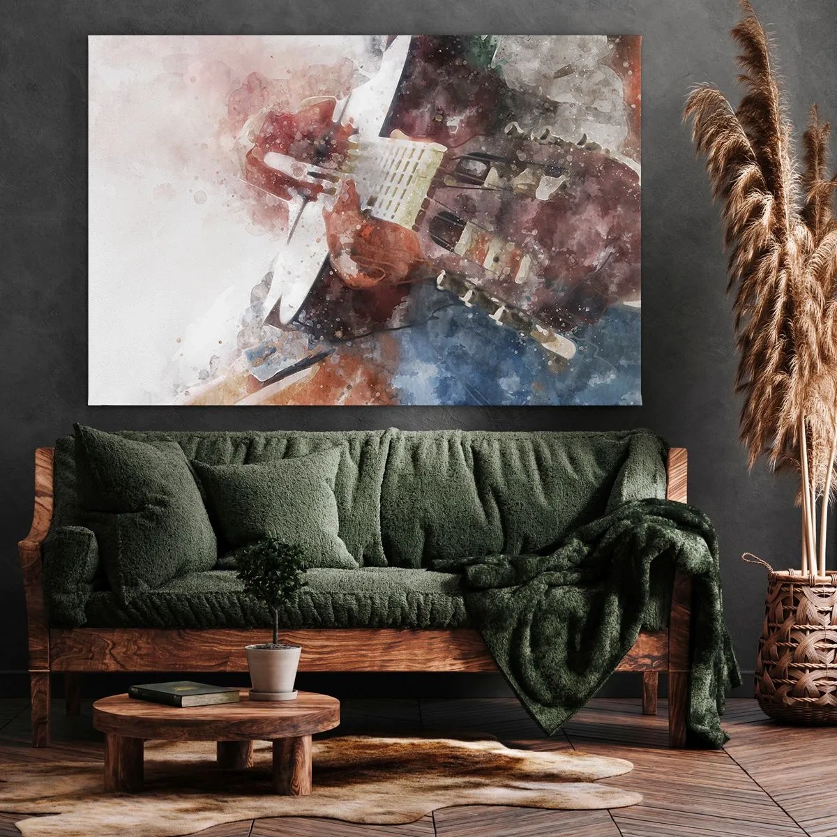 Cuadro sobre lienzo - Impresión de Imagen - Una interpretación artística de una guitarra en estilo acuarela. - 100x70cm - ¿Y qué opinas? - Decoración de pared moderna para salón y dormitorio ARTTOR