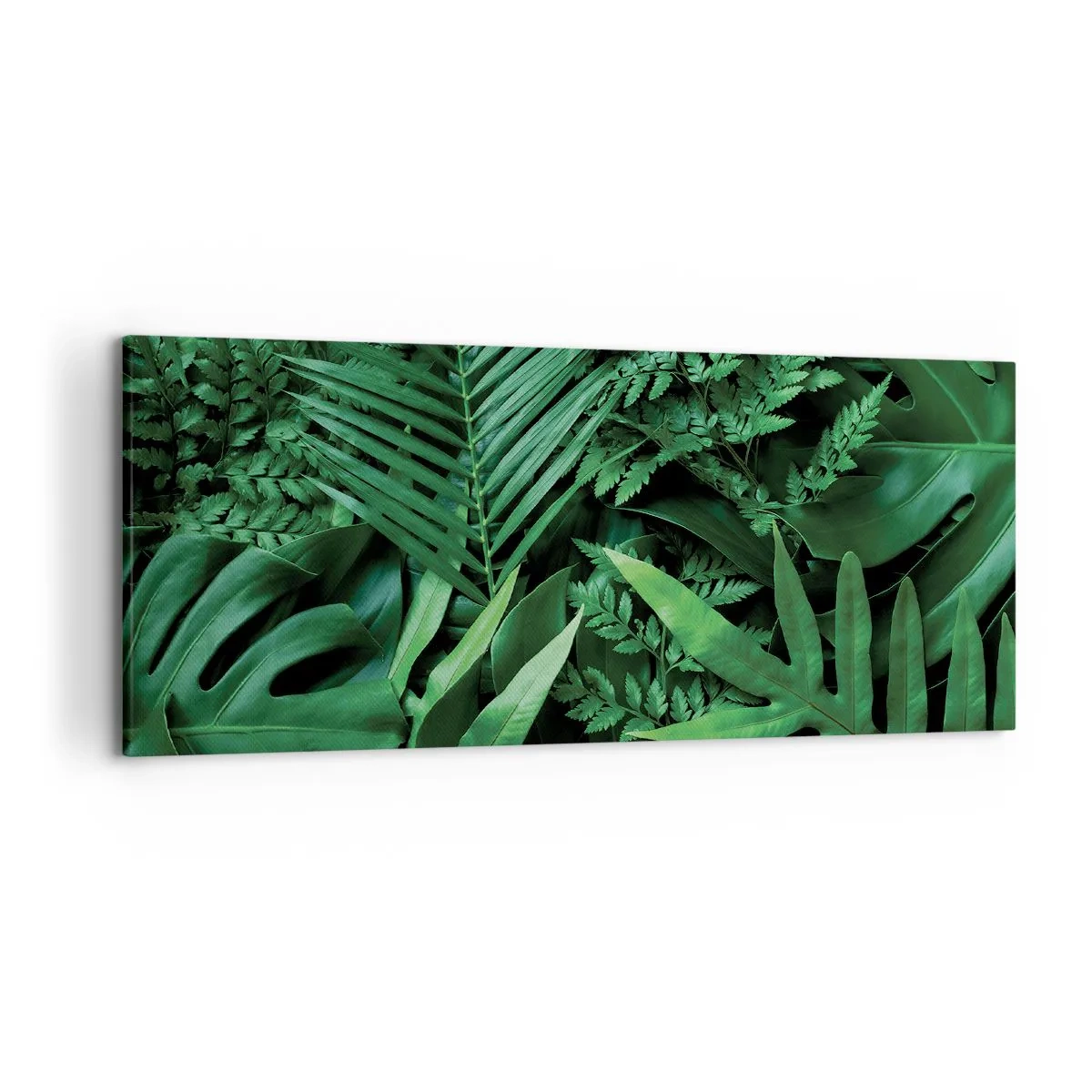 Cuadro sobre lienzo - Impresión de Imagen - Hojas tropicales verdes en una composición densa y natural. - 120x50cm - Abrazo verde - Decoración de pared moderna para salón y dormitorio ARTTOR