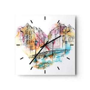 Reloj de pared - Reloj de vidrio - Acuarela de un puente y casas de vecindad en forma de corazón - 30x30cm - El corazón de la ciudad - Decoración de pared moderna para salón y dormitorio ARTTOR