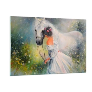 Cuadro sobre vidrio - Impresiones sobre Vidrio - Una mujer con un vestido blanco con un caballo blanco en un prado lleno de flores. - 120x80cm - Como si de un hermoso sueño se tratara - Decoración de pared moderna para salón y dormitorio ARTTOR