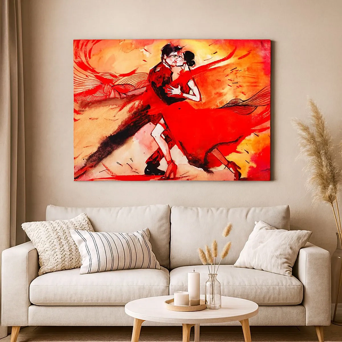 Cuadro sobre lienzo - Impresión de Imagen - Una pareja bailando tango en tonos rojos sobre un fondo dinámico. - 70x50cm - Ritmo púrpura de la pasión - Decoración de pared moderna para salón y dormitorio ARTTOR