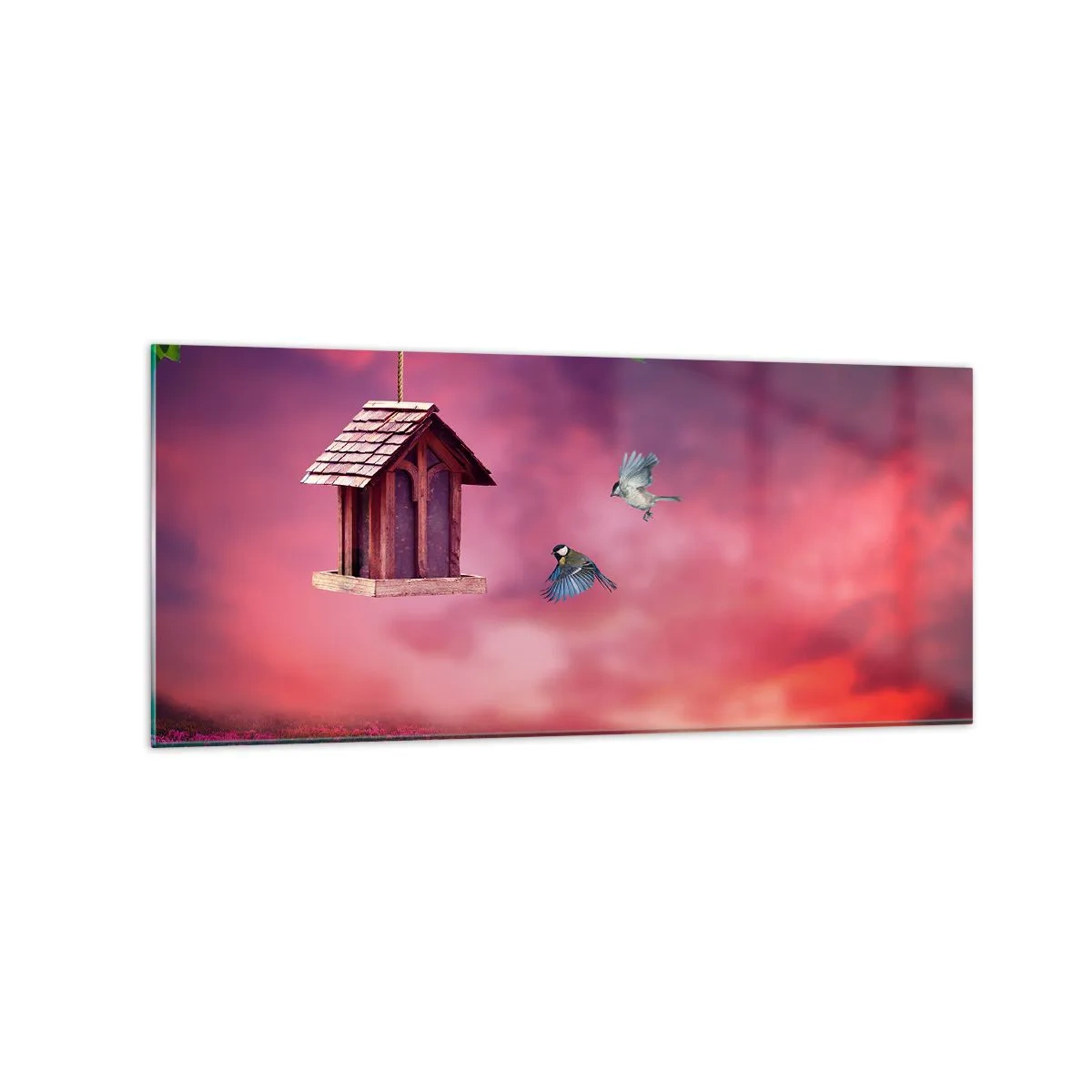 Cuadro sobre vidrio - Impresiones sobre Vidrio - Un paisaje pintoresco con una casa para pájaros y una puesta de sol. - 120x50cm - Invitación a una cena - Decoración de pared moderna para salón y dormitorio ARTTOR