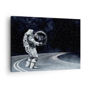 Cuadro sobre lienzo - Impresión de Imagen - Astronauta con la Tierra contra el cielo estrellado - 70x50cm - En la Vía Láctea - Decoración de pared moderna para salón y dormitorio ARTTOR