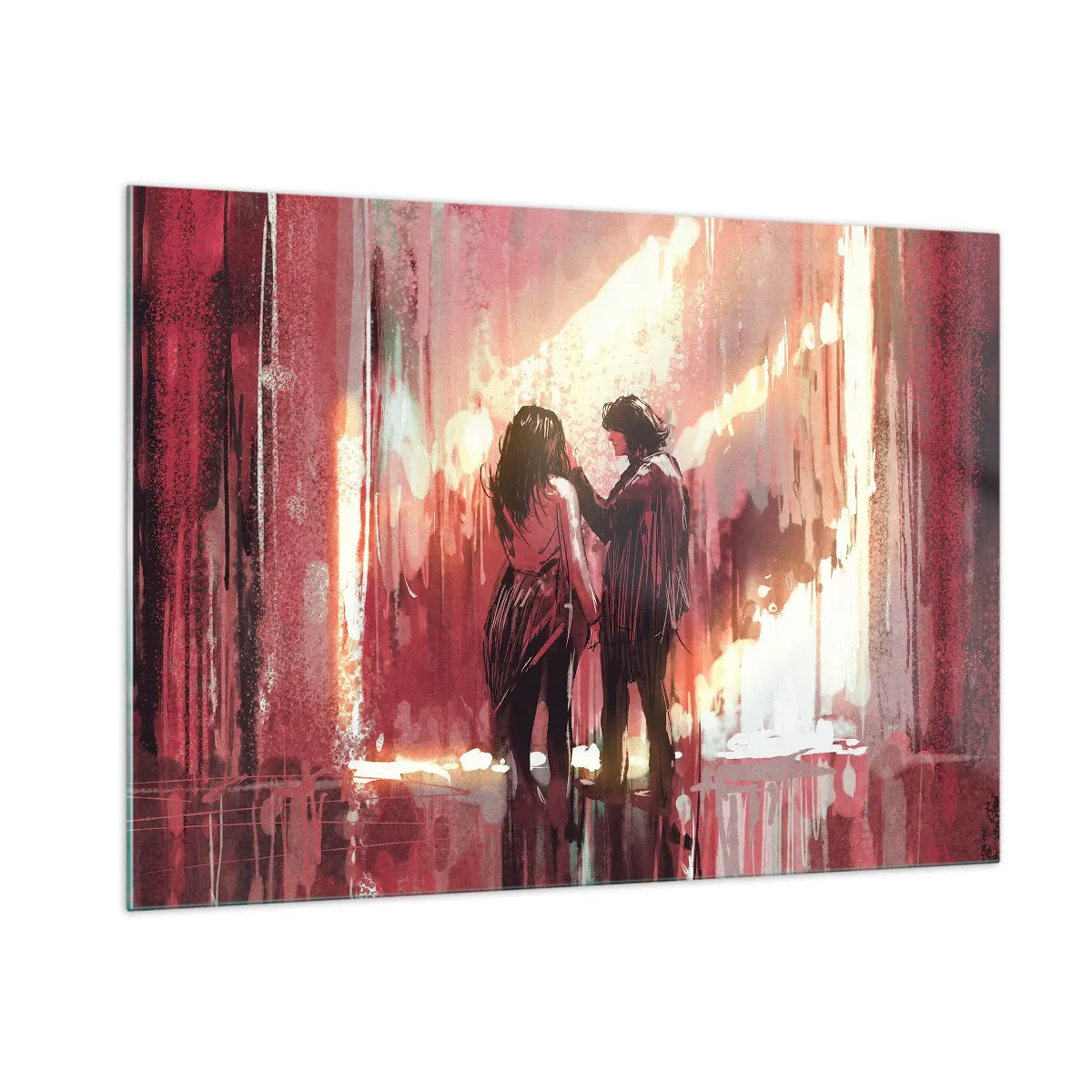 Cuadro sobre vidrio - Impresiones sobre Vidrio - Una pareja bajo la cálida luz de un entorno abstracto. - 100x70cm - El eterno espectáculo del amor - Decoración de pared moderna para salón y dormitorio ARTTOR