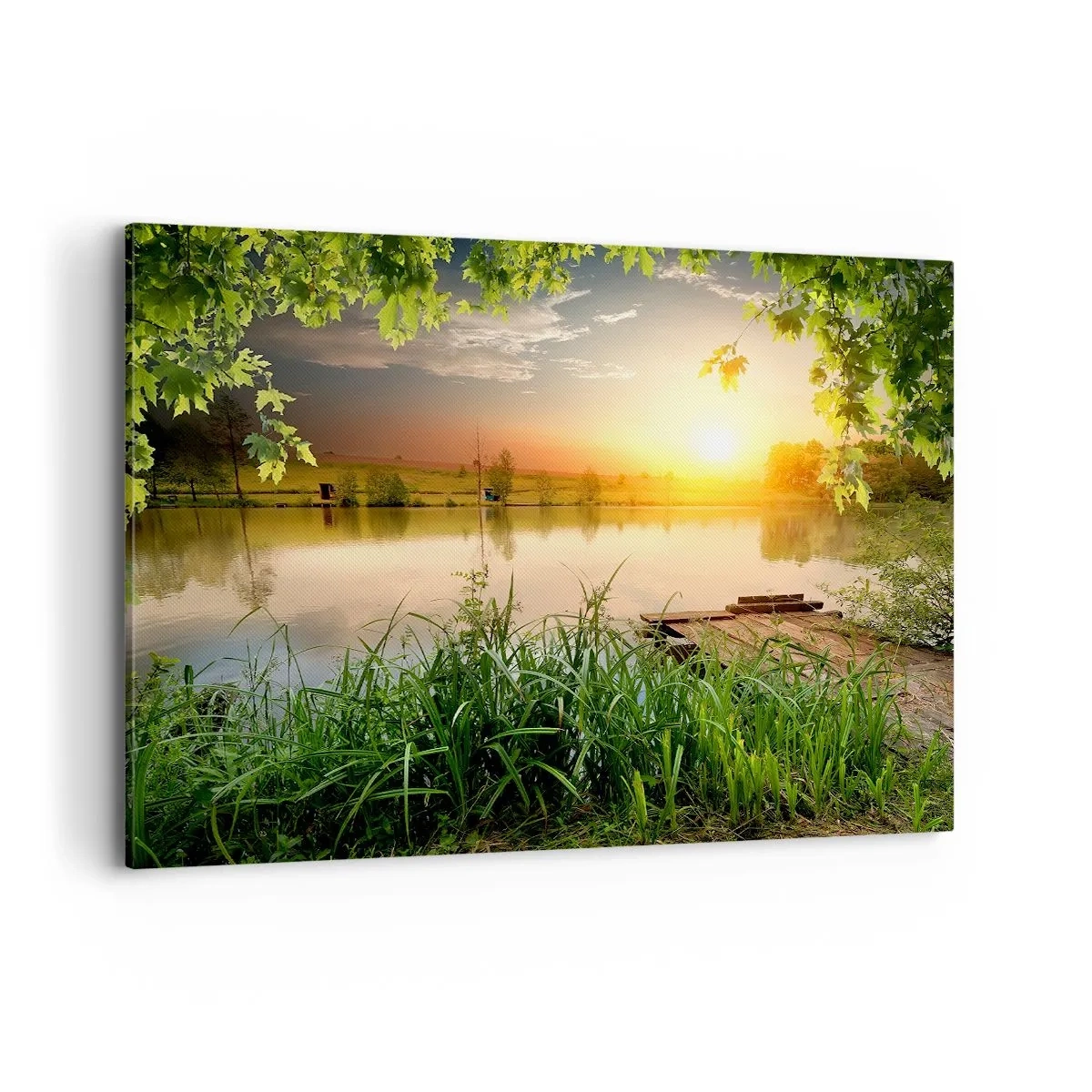 Cuadro sobre lienzo - Impresión de Imagen - Paisaje verde con un lago al atardecer - 120x80cm - Paisaje en un marco verde - Decoración de pared moderna para salón y dormitorio ARTTOR