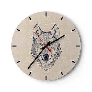 Reloj de pared - Reloj de vidrio - Ilustración de un lobo sobre un fondo beige con patrones geométricos. - 30x30cm - La mirada del lobo alfa - Decoración de pared moderna para salón, cocina y dormitorio ARTTOR