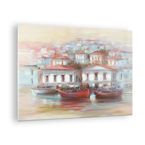Cuadro sobre vidrio - Impresiones sobre Vidrio - Un pueblo pintoresco con barcos en el puerto al atardecer. - 70x50cm - Ciudad feliz - Decoración de pared moderna para salón y dormitorio ARTTOR