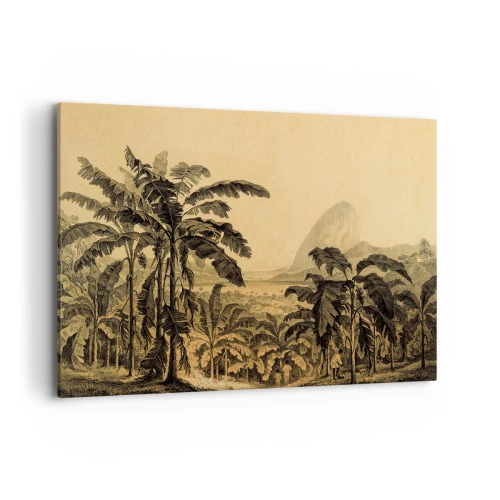 Cuadro sobre lienzo - Impresión de Imagen - Dibujo de árboles de plátano sobre un fondo de paisaje tropical. - 120x80cm - En un ambiente colonial - Decoración de pared moderna para salón y dormitorio ARTTOR