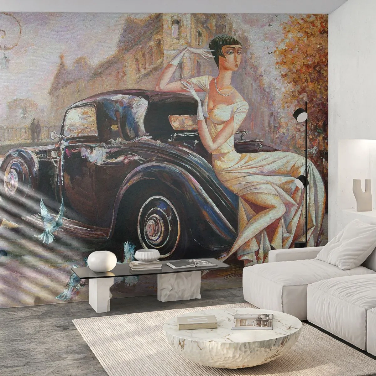 Fotomural Standard Eco - Elegancia retro - coche retro, Mujer, Palacio - 400x280 cm