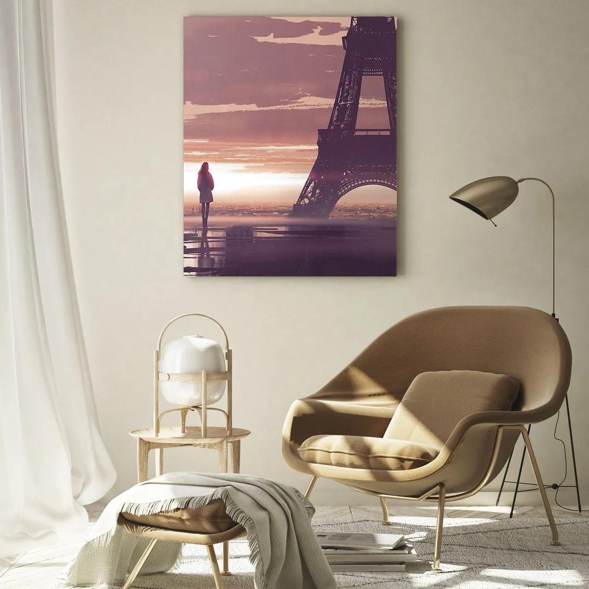Cuadro sobre vidrio - Impresiones sobre Vidrio - Una figura mirando la Torre Eiffel a la luz del sol poniente. - 80x120cm - Sólo ellas dos - Decoración de pared moderna para salón y dormitorio ARTTOR