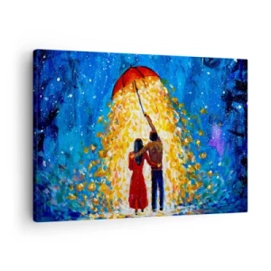 Cuadro sobre lienzo - Impresión de Imagen - Una pareja bajo un paraguas rojo bajo la lluvia luminosa. - 70x50cm - La magia de una tarde lluviosa - Decoración de pared moderna para salón y dormitorio ARTTOR