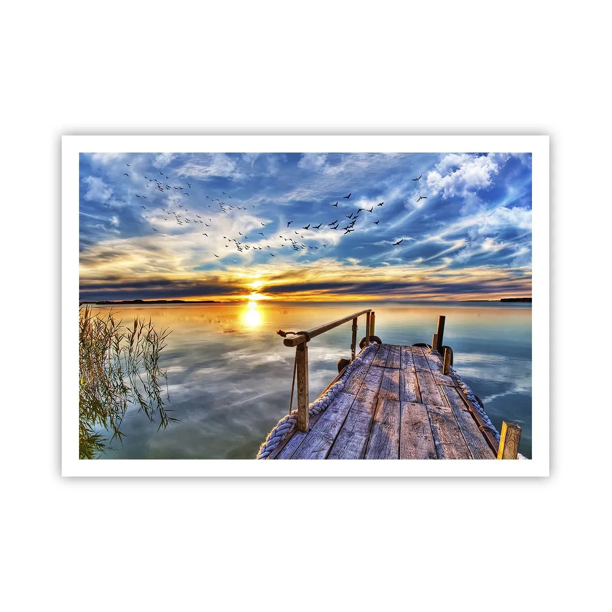 Póster - Muelle de madera sobre el lago al atardecer - 100x70cm - El viento se va a descansar - Decoración de pared moderna para salón y dormitorio ARTTOR