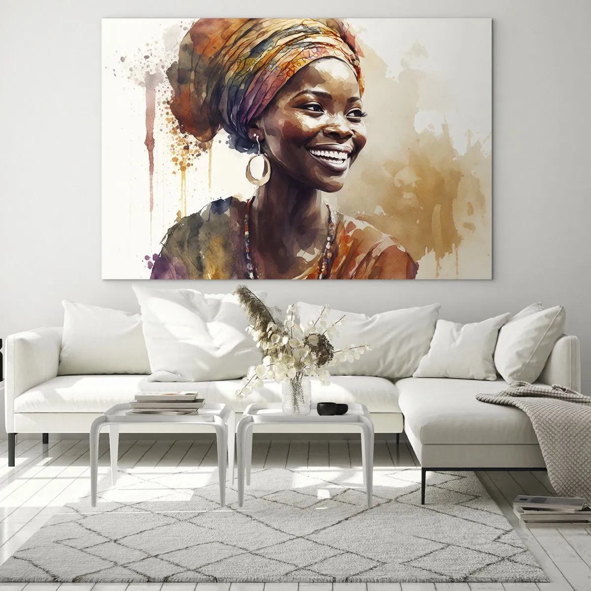Cuadro sobre vidrio - Impresiones sobre Vidrio - Retrato en acuarela de una mujer sonriente con turbante. - 120x80cm - Reina africana - Decoración de pared moderna para salón y dormitorio ARTTOR
