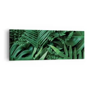 Cuadro sobre lienzo - Impresión de Imagen - Hojas tropicales verdes en una composición densa y natural. - 140x50cm - Abrazo verde - Decoración de pared moderna para salón y dormitorio ARTTOR