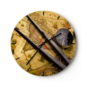Reloj de pared - Reloj de vidrio - Mapa antiguo con brújula y compás - 30x30cm - ¿Dónde están los tesoros? - Decoración de pared moderna para salón, cocina y dormitorio ARTTOR