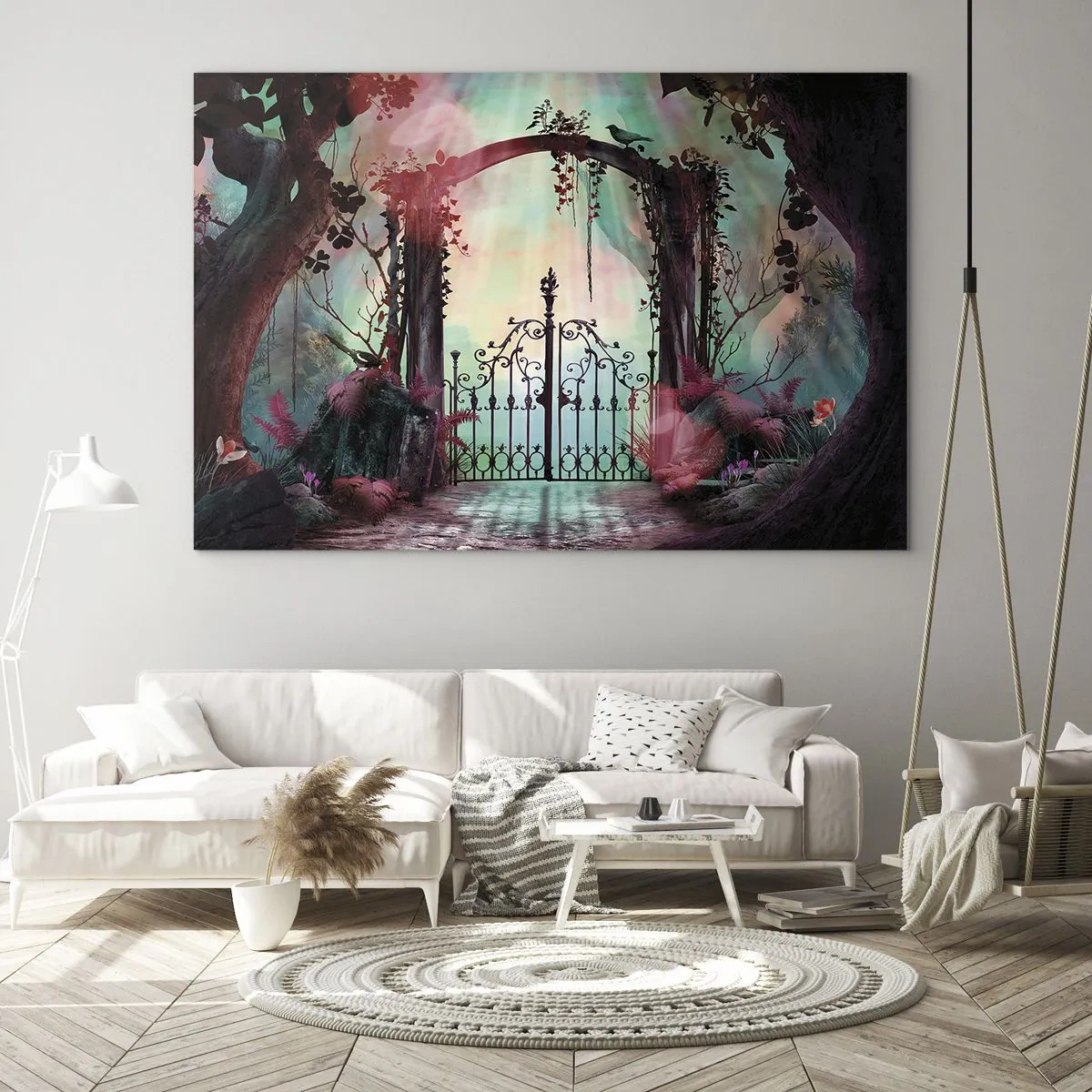 Cuadro sobre vidrio - Impresiones sobre Vidrio - Puertas mágicas en un bosque de cuento de hadas - 70x50cm - Jardín secreto - Decoración de pared moderna para salón y dormitorio ARTTOR