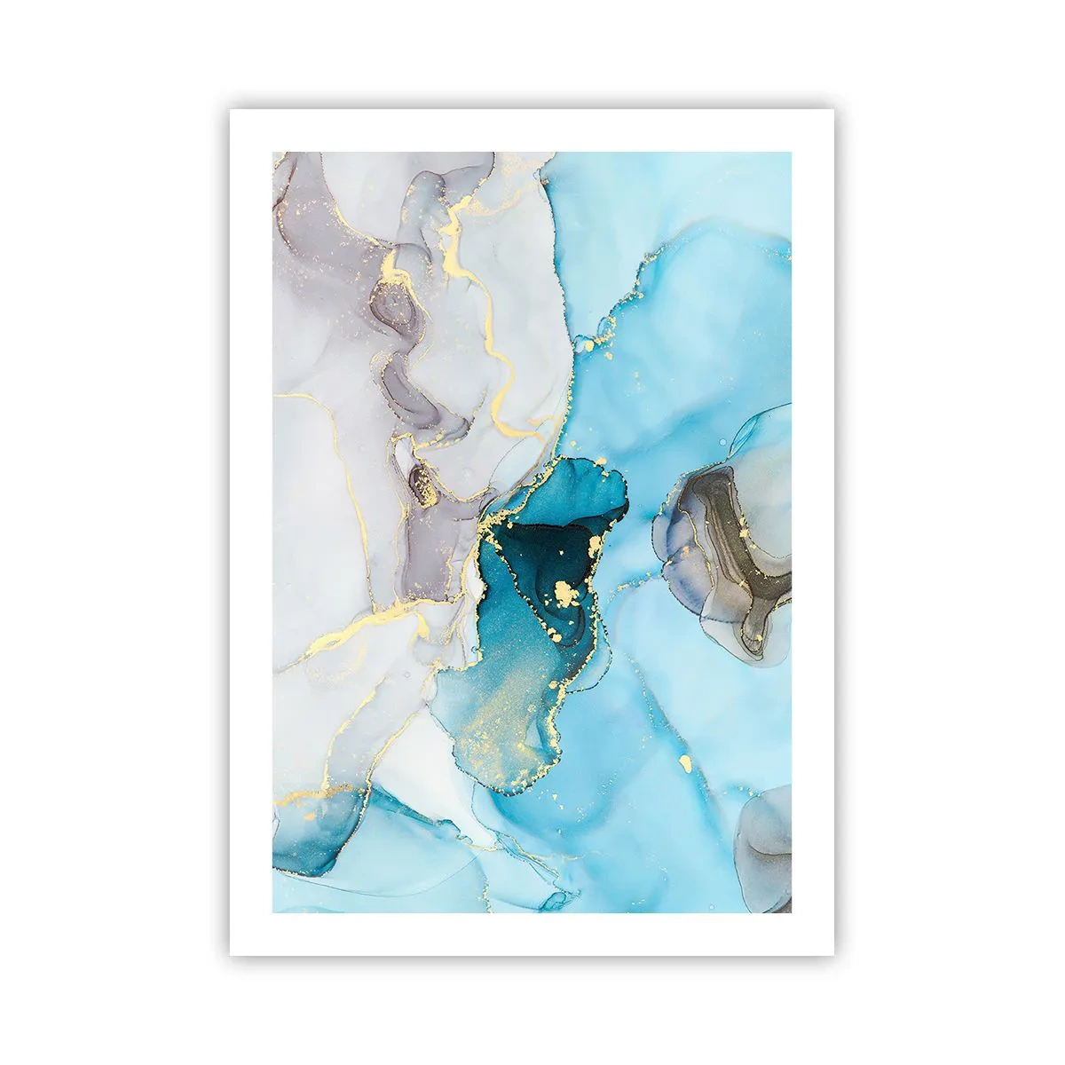 Póster - Una composición abstracta en tonos azules con delicados acentos dorados. - 50x70cm - Un estudio del encuentro entre el gris y el turquesa - Decoración de pared moderna para salón y dormitorio ARTTOR