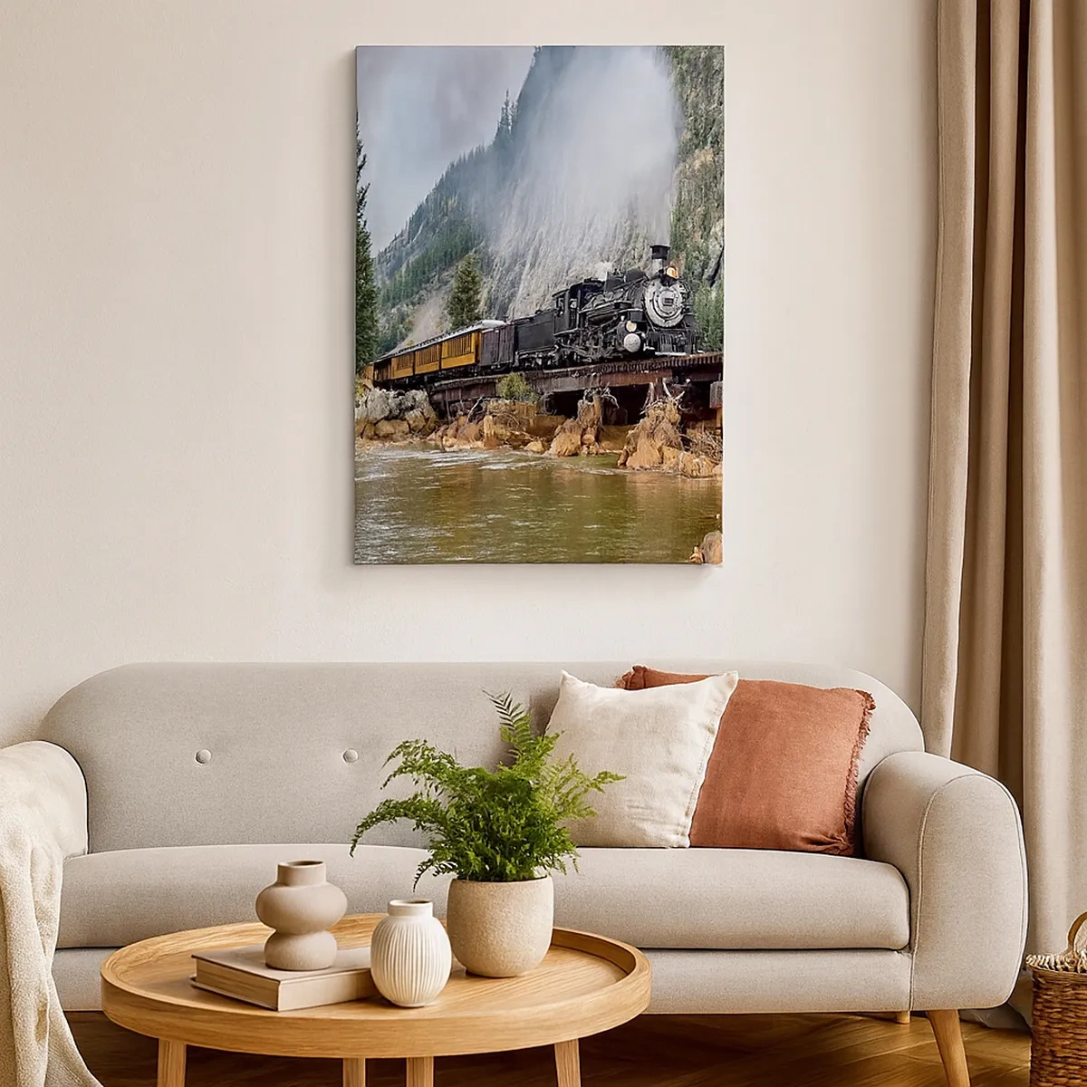 Cuadro sobre lienzo - Impresión de Imagen - Una locomotora de vapor en un puente en un pintoresco paisaje montañoso. - 50x70cm - ¿Adónde me llevas? - Decoración de pared moderna para salón y dormitorio ARTTOR