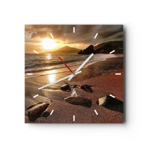 Reloj de pared - Reloj de vidrio - Playa al atardecer con piedras en la orilla - 30x30cm - Sigue el sol hacia las colinas - Decoración de pared moderna para salón y dormitorio ARTTOR