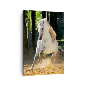 Cuadro sobre lienzo - Impresión de Imagen - Un caballo blanco galopando a través de un claro del bosque. - 70x100cm - Como en una novela de fantasía - Decoración de pared moderna para salón y dormitorio ARTTOR
