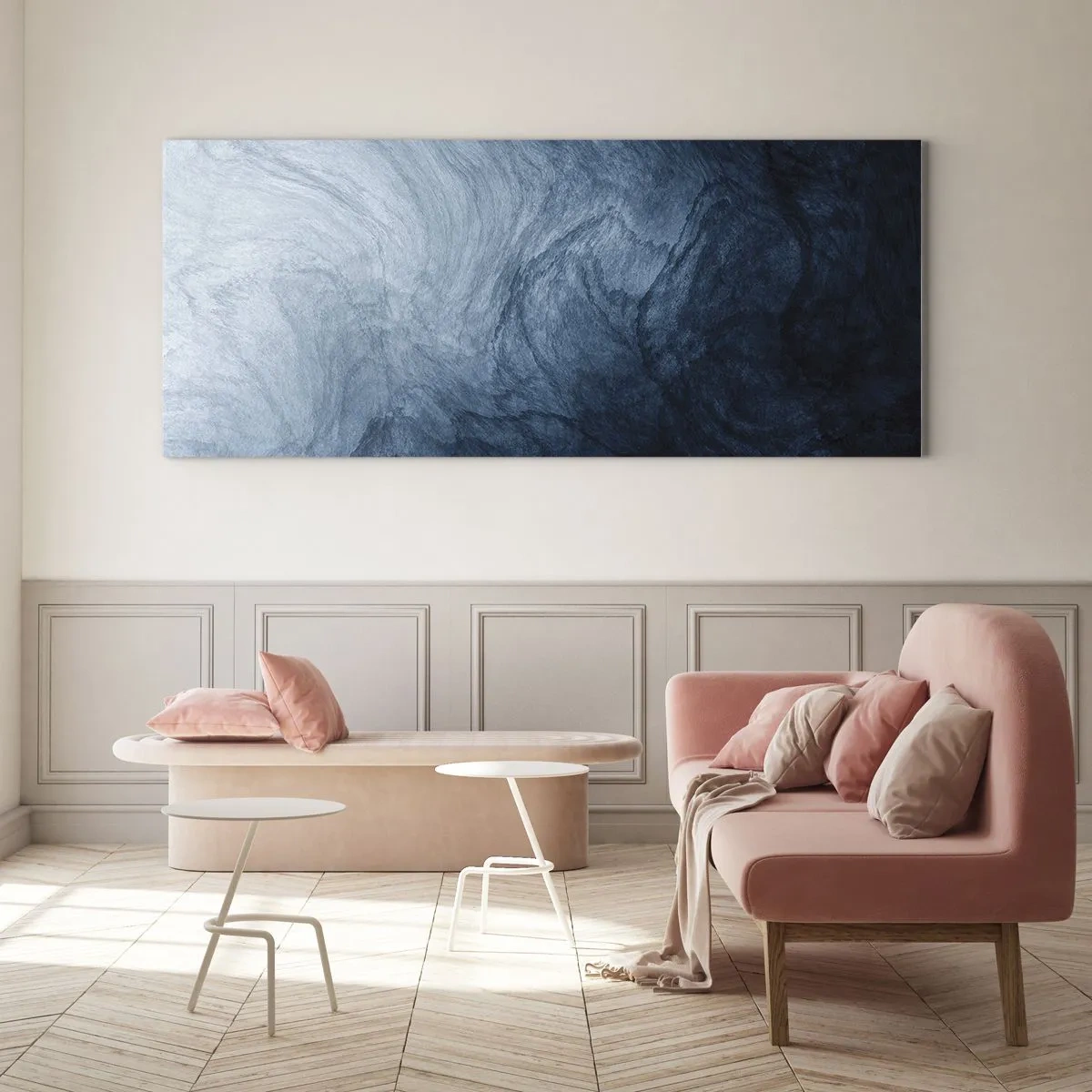 Cuadro sobre vidrio - Impresiones sobre Vidrio - Una composición abstracta en tonos azules y azul marino. - 140x50cm - En las profundidades - Decoración de pared moderna para salón y dormitorio ARTTOR