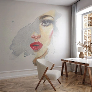 Fotomural Autadhesivo Deluxe Sticker - Reflejo en una gota de agua - cara de mujer, Mujer, labios rojos - 300x210 cm