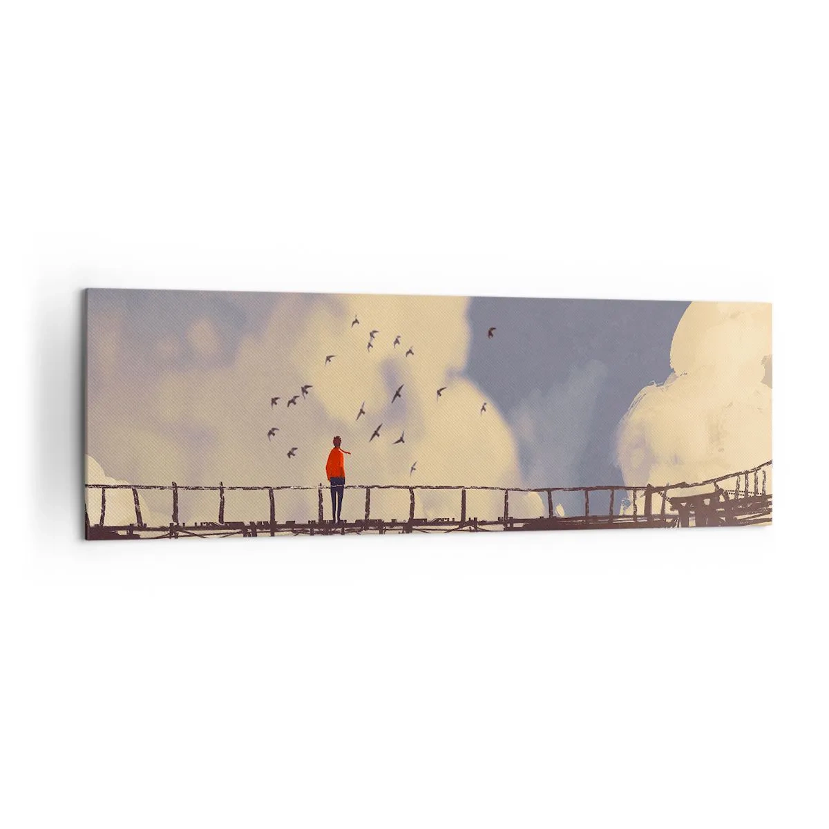 Cuadro sobre lienzo - Impresión de Imagen - Una figura en un puente entre nubes con pájaros en el cielo. - 160x50cm - Anhelo azul - Decoración de pared moderna para salón y dormitorio ARTTOR