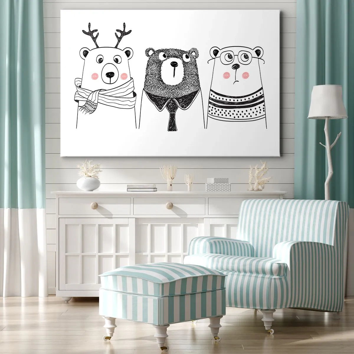 Cuadro sobre lienzo - Impresión de Imagen - Tres osos divertidos en estilo minimalista. - 70x50cm - Tres osos - Decoración de pared moderna para salón y dormitorio ARTTOR