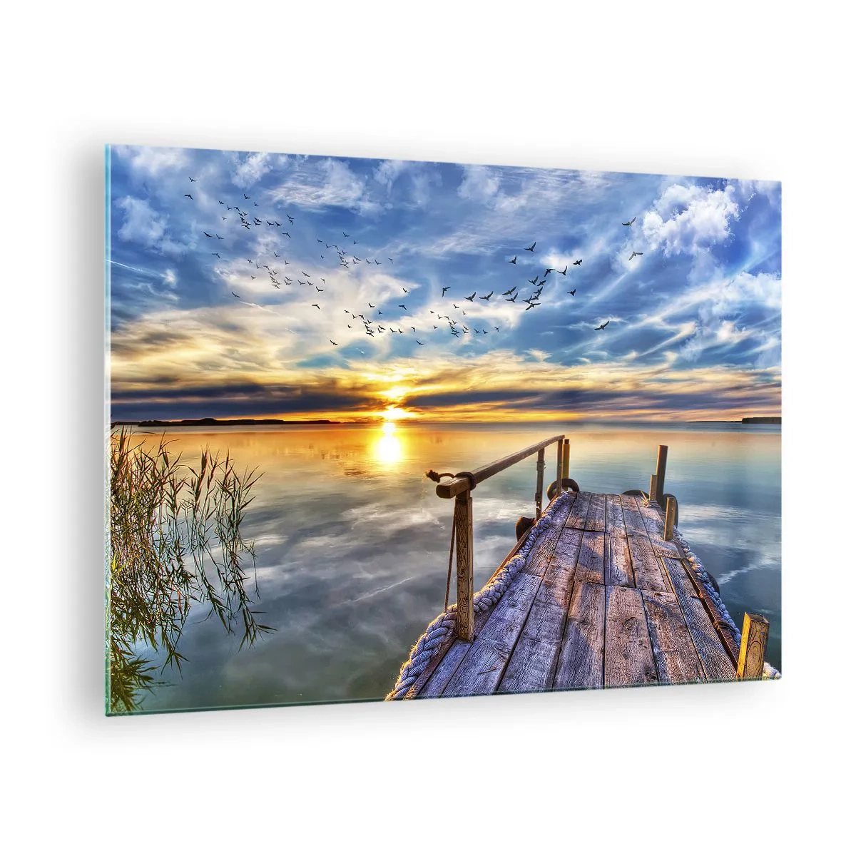 Cuadro sobre vidrio - Impresiones sobre Vidrio - Muelle junto al lago al atardecer con pájaros en el cielo - 70x50cm - El viento se va a descansar - Decoración de pared moderna para salón y dormitorio ARTTOR