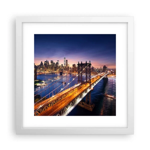 Póster en marco blanco - Un puente luminoso hacia el corazón de la ciudad - 30x30 cm