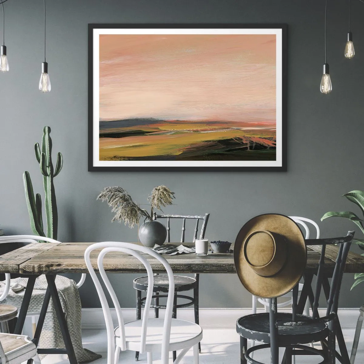 Póster en marco negro - Un paisaje en tonos rosa y dorado. - 100x70cm - En tono rosa - Decoración de pared moderna para salón y dormitorio ARTTOR