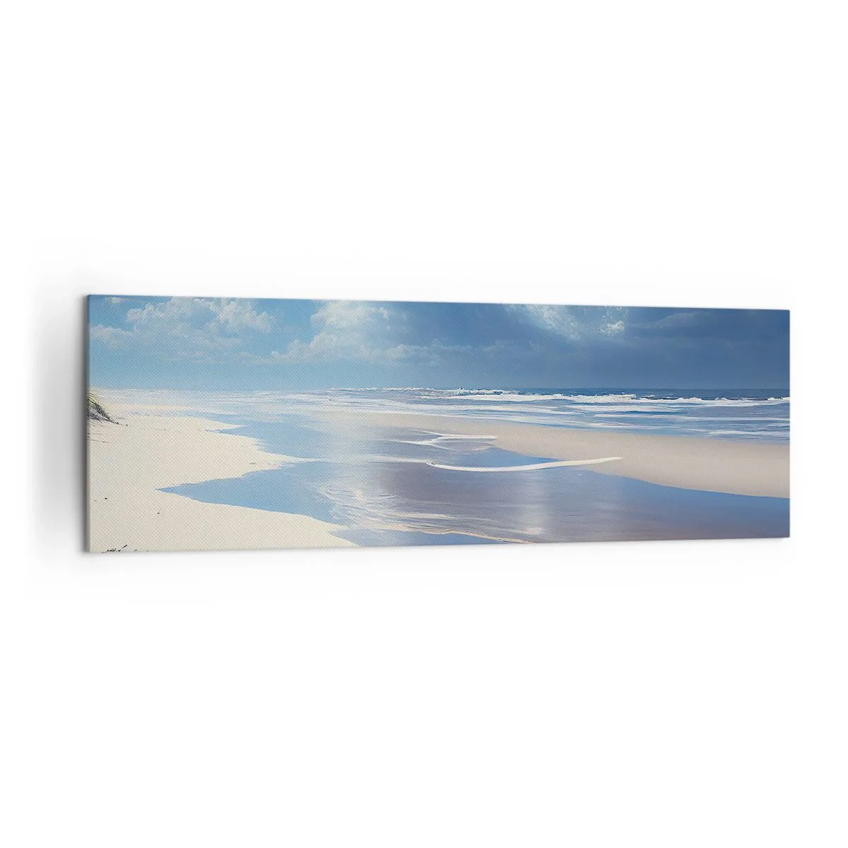 Cuadro sobre lienzo - Impresión de Imagen - Una playa de arena con olas bajo un cielo azul. - 160x50cm - Vacaciones en el paraíso - Decoración de pared moderna para salón y dormitorio ARTTOR